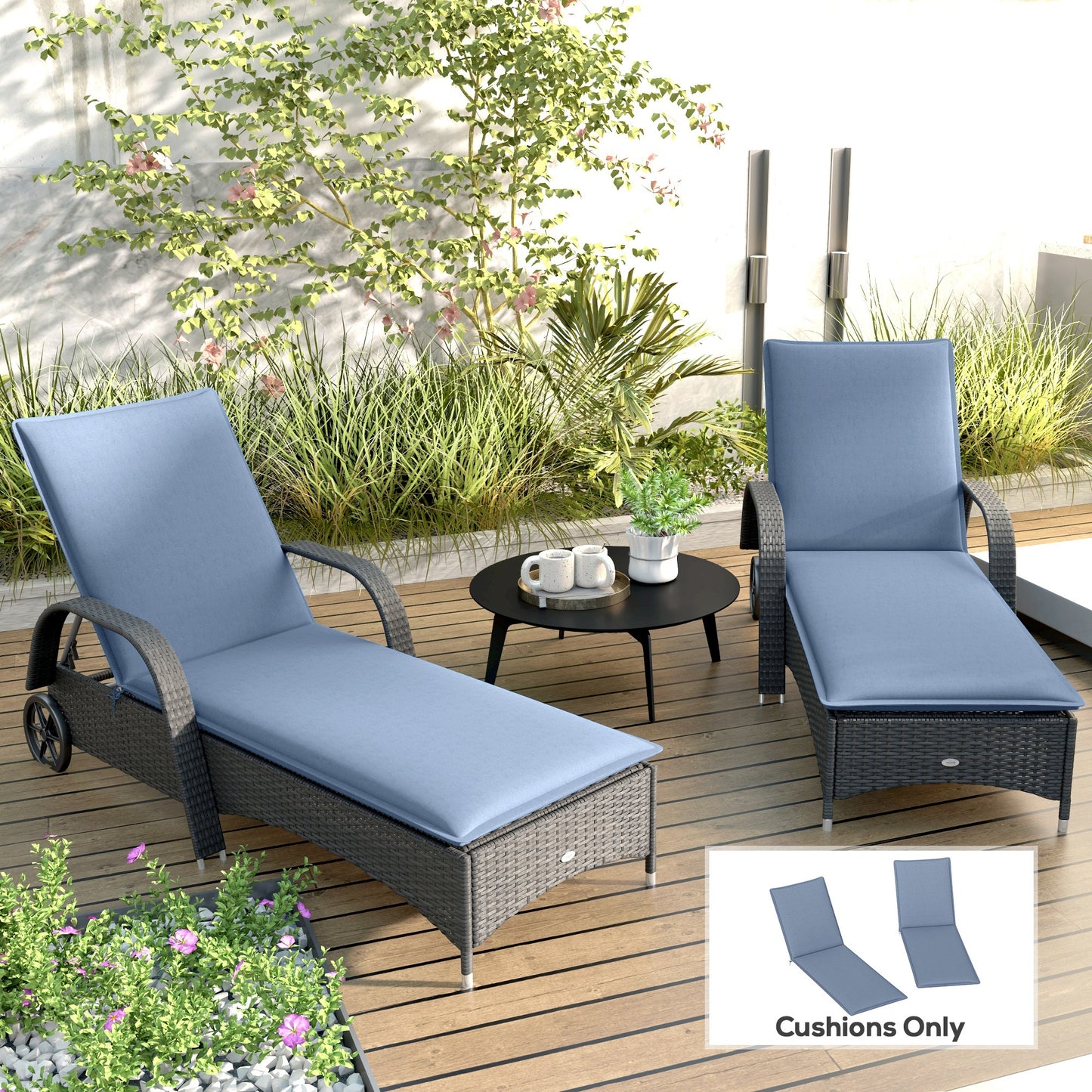 Foldable Chaise Lounge Cushion Set Of 2, Outdoor Lounge Chair Cushion Set, 200gsm Fabric, 76 X 23, Blue