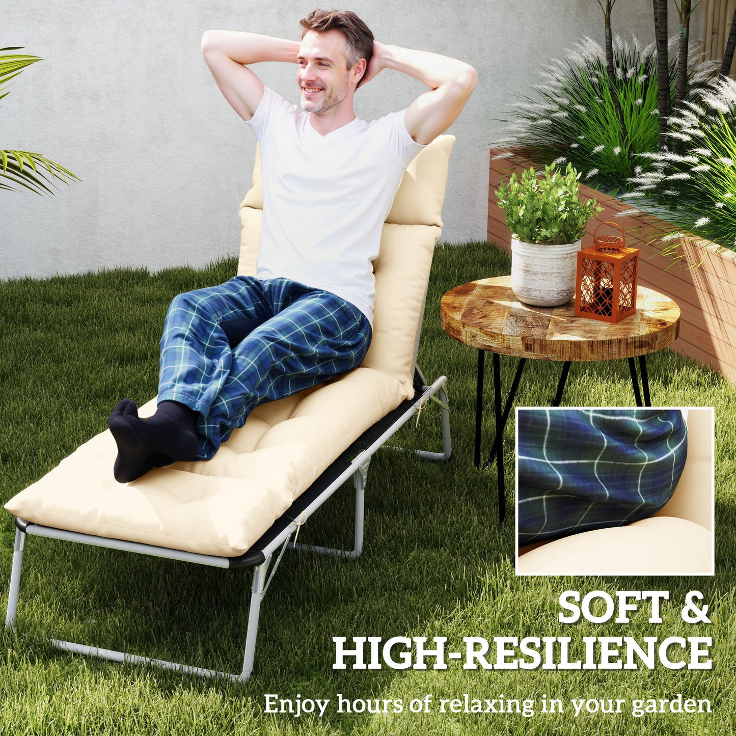 Outdoor Chaise Lounge Cushion, Tufted Thick Patio Lounge Chair Cushion With Ties, 74.8 In. X 22 In. X 4 In., Beige