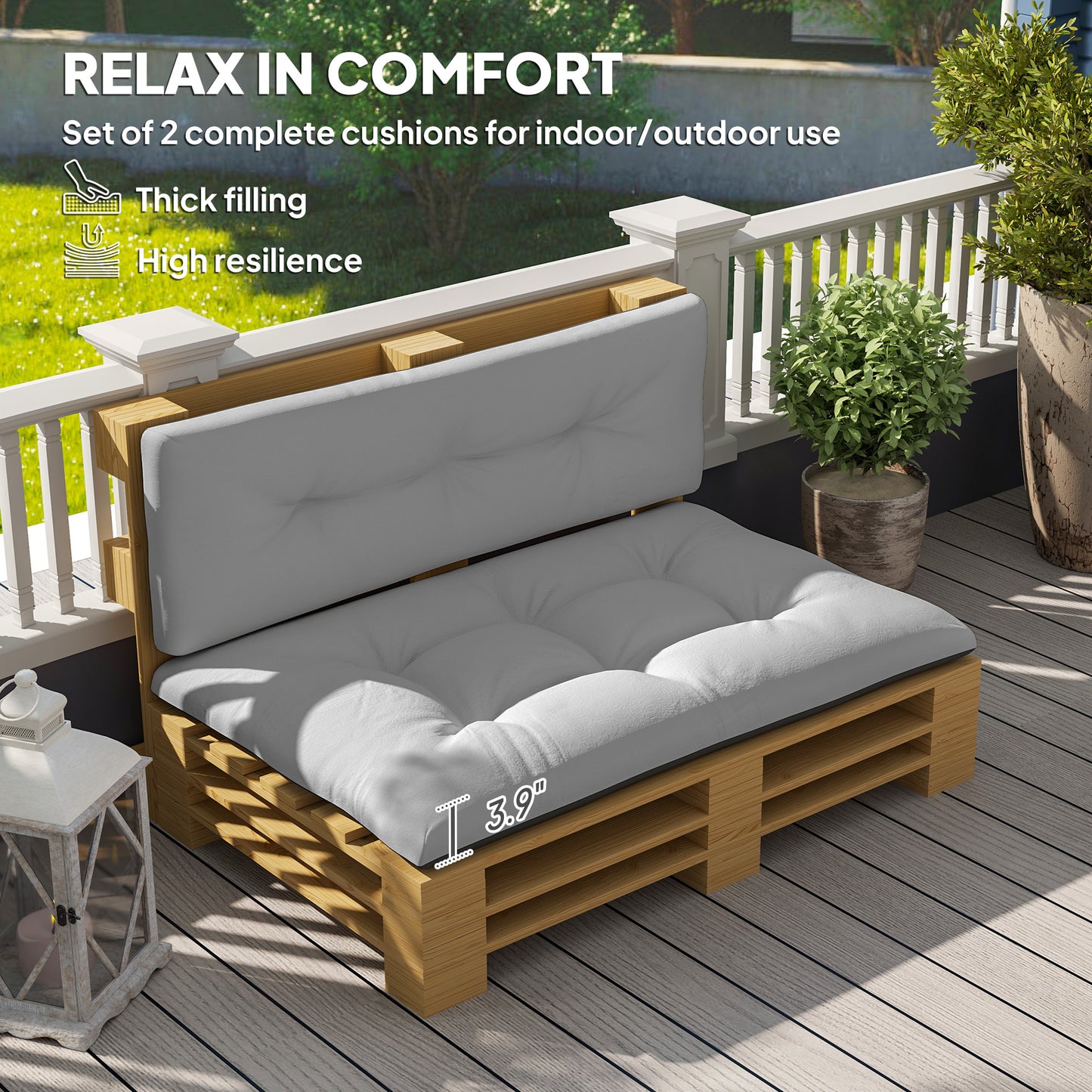 2 Seater Pallet Cushions Outdoor 3.9 Thick Replacement Cushions - Tufted Design For Garden, Patio, Light Gray