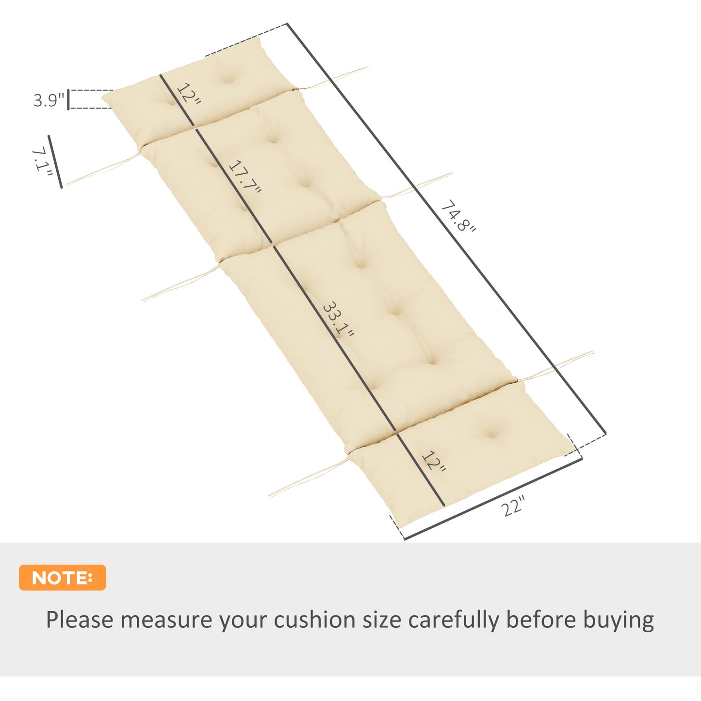 Outdoor Chaise Lounge Cushion, Tufted Thick Patio Lounge Chair Cushion With Ties, 74.8 In. X 22 In. X 4 In., Beige